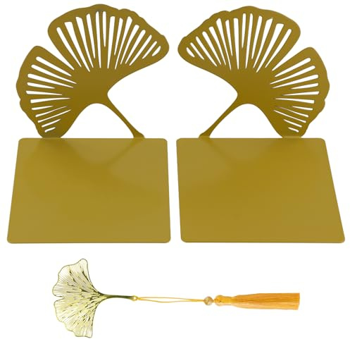 Buchstützen aus Metall, Buchstütze Gingko, Dekoratives Buchständer-Set aus Metall in Gold, Goldene mit Cut-Out Look, Bücherregal rutschfest Dekorative für Zuhause Büro Schwere Bücher