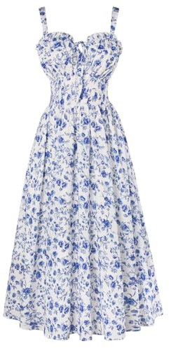 SCARLET DARKNESS Robe d'été décontractée pour femme - Sans manches - Bretelles spaghetti - Motif floral - Pour la plage, Beige Bleu Floral, XXL