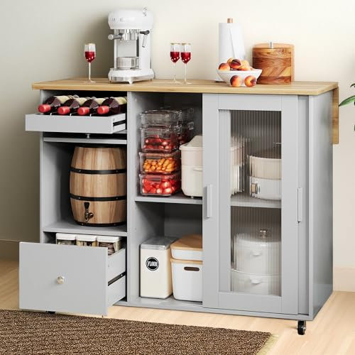Carrito de Cocina con Ruedas Plegable, Isla de Cocina Móvil Grande con Puertas Corredizas de Vidrio Templado, Botellero, 2 Cajones y Estantes Ajustables, 112x46x91 cm