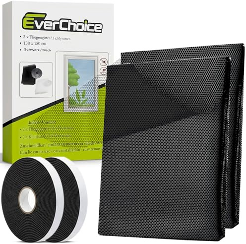 EverChoice Zanzariera per finestra | 130x150 cm | nero | set da 2 | poliestere | protezione dagli insetti senza forature | zanzariera con velcro | tagliabile | rete antizanzare | zanzariera