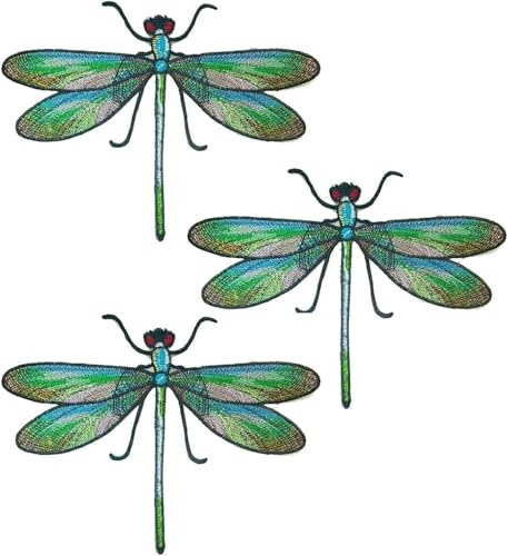 3Pcs Green Dragonfly Irons Patches,Dragonfly Embroidered Sewing on Patches, Sew On Applique Patch, Iron On Patch,Embroidered Applique