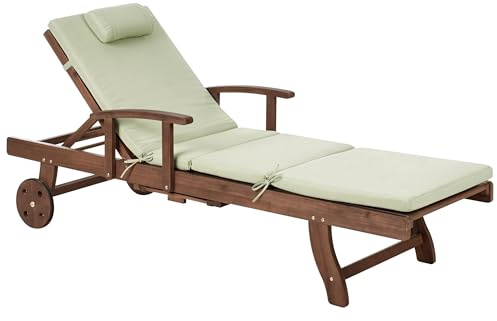 Beliani Acacia Wood Garden Sun Lounger Reclining with Wheels Classic Design with Green Cushion Amantea Premium