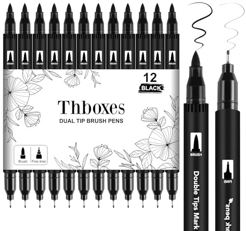 Thboxes 12er Set Dual Brush Pens Schwarz, Filzstifte mit Doppelspitze | 0,4 mm Fineliner & 2-3 mm Pinselspitze, Wasserbasierte Tinte, für Zeichnen und Lettering