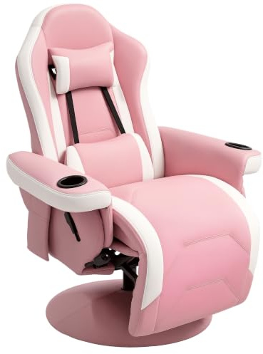 HOMCOM Reclining Gaming Chair, 360° Swivel, Footrest, Cup Holder, Pink | Racing Video Gaming, Manual Recliner, Headrest, PU Leather Armchair, Storage Pocket