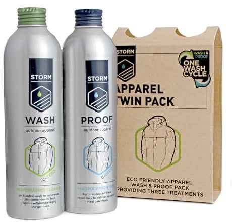 STORM Apparel Wash & Proof Twin Kit | Wash-In Performance Cleaner & Waterproofer for Technical Clothing | Effectively Clean & Proof Outdoor Jackets, Trousers and Waterproofs. Contains 3 Treatments.