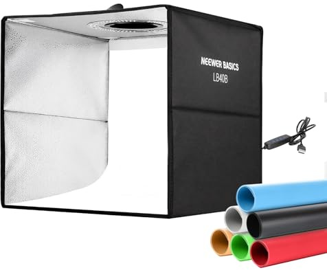 NEEWER Basics Fotostudio Lichtbox, 16x16x15 Bi Farbe, LB40B | Faltbare Kabinen Fotozelt, 6 Farbhintergründe, 120 LEDs CRI95+ Dimmbar, für Tisch Schmuck Elektronik Lebensmittel Fotografie