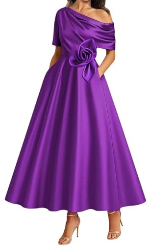 WISIYLE Robe de mère de la mariée à épaules dénudées Longueur thé Satin 3D Fleur Mariage Formelle Soirée Robe Maxi WQL008