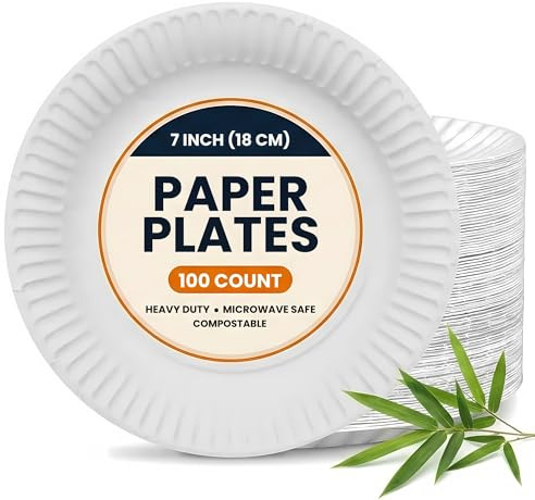 AB LUXE 100 Pack of 7-inch Disposable Paper Plates, 18cm White Paper Plates Perfect for Everyday use, Ideal for BBQ's, Parties and Events.