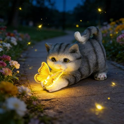 Katzenfigur Garten Deko, Gartendekoration Katze Gartendeko Schmetterlinge Solarlampen für Außen Balkon, niedlichen Katze Top Schmetterling Ornamente Geschenke für Frauen/Mutter/Oma, Dekoration