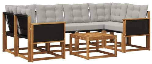 vidaXL Outdoor-Sofagarnitur mit Kissen 7 pcs Natürlich und Hellgrau, Moderne Garten-Sofa-Garnitur, Robustes Akazienholz, Bequeme Terrasse, stilvolle Couch zum Entspannen