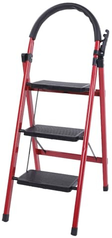 Jectse Scaletta Pieghevole, Portafiori a 3 Gradini con Pedali in Plastica Corrimano, Capacità Addensata di 400 Kg Sgabello Portatile Compatto e Leggero per Cucina Domestica Interna, Rosso