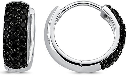 Vinani Damen Ohrringe 925 Silber - Klapp-Creolen Ohrring Set für Frauen aus 925 Sterling Silber klein Zirkonia schwarz glänzend abgerundet 2CZS