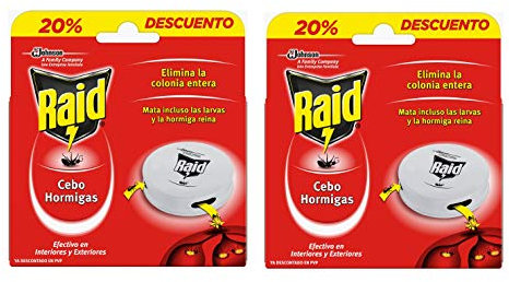 Raid Cebos - Trampas antohormigas. Elimina la colonia de hormigas entera. Efectivo en Interiores y Exteriores. 2 Packs