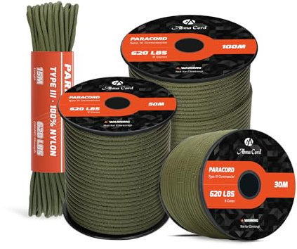 Abma Cord Paracord 620lbs 4mm 30M 100% Nylon Seil Typ 3 Schnur mit 9 Kern für Basteln, Camping, Survival, Outdoor - Max. 280kg - Armee Grün