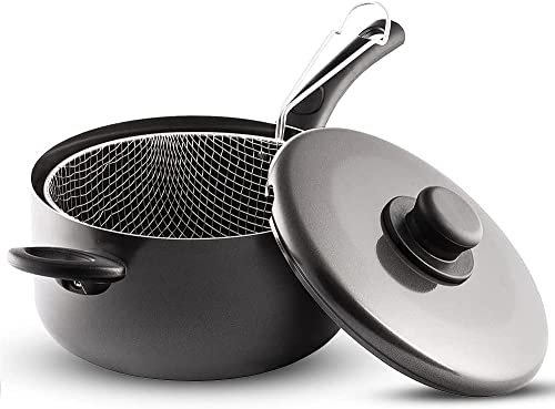 Made in UK Aluminium Non Stick Chip Pan with Basket and Lid - Diameter: 22cm