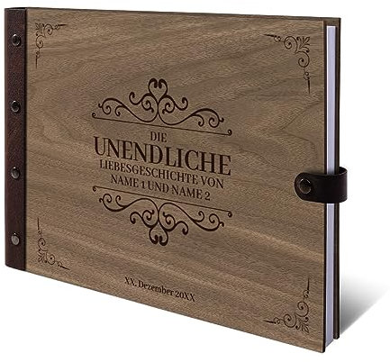 Gästebuch Okoume Holz Gravur individuell Holzcover mit Echtleder Rücken 72 Blatt | 144 Seiten A4 quer 302x215mm - Liebesgeschichte