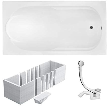 VBChome Badewanne 150x70 cm Acryl SET 3in1 Wannenträger Siphon Wanne Rechteck Weiß Design Modern Styroporträger Ablaufgarnitur in Chrom Viega Simplex