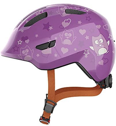 ABUS Kinderhelm Smiley 3.0 - Fahrradhelm mit tiefer Passform, kindergerechten Designs & Platz für einen Zopf - für Mädchen und Jungs - Violett mit Eulen-Muster, Größe S