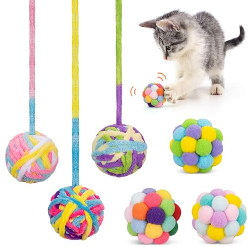 Retro Shaw Jouets pour Chat – Lot de 6 balles en Laine avec grelots intégrés, Jouets interactifs pour Chatons d’intérieur, balles duveteuses avec Ficelle à mâchouiller