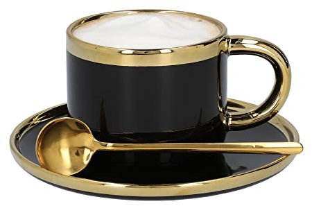 HOMLA Sinnes Kaffeetasse Porzellan mit Untertasse & Löffel - Teebecher Tasse Kaffeeservice - Vintage Edelstahl 200ml Schwarz & Gold