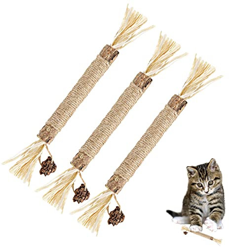 TOYMIS 3pcs Natural Silvervine Sticks, Silvervine Cat Toys Catnip Chew Sticks for Cats Kitten Teething Toys Cat Teeth Cleaning Toy