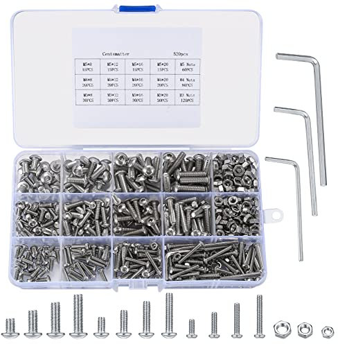 520 Stk Schrauben und Muttern Set, M3 M4 M5 Edelstah Innensechskant Halbrundkopfschrauben und Muttern, Sechskopf Knopf Maschinenschrauben Muttern und Unterlegscheiben mit Schraubenschlüssel