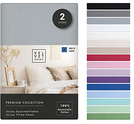 VelvetHome Premium Pack Double Drap Housse 90x190-90x200 Coton 100% Doux Made in EU 165gsm Lot de 2 Drap-Housse 90x200 Jersey Premium Qualität Gris Clair 90 x 200