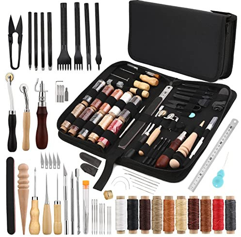 52 Stück Leder Nähen Set, Leder Werkzeug Set, Leder Nähwerkzeug mit 10 Farben Gewachster Faden, Krappenstanzwerkzeuge, Lederlocher, Nähnadel, Druckzahnwerkzeug, Nähahle für Lederbearbeitung