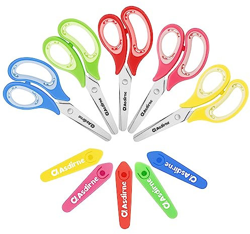 Asdirne Kinderschere, Sicherheitsschere, Bastelschere mit stumpfer Spitze, Edelstahlklingen und weichem Griff, ideal für Zuhause und Schule, 13,5 cm, 5 Stück