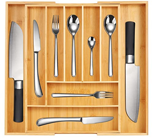 Faankiton Schubladen Organizer Besteckkasten für Schubladen aus Bambus, Besteckkasten Holz mit 7 bis 9 Fächern, Maximale Erweiterungsgröße: 17 L x 19.6 B x 2 H