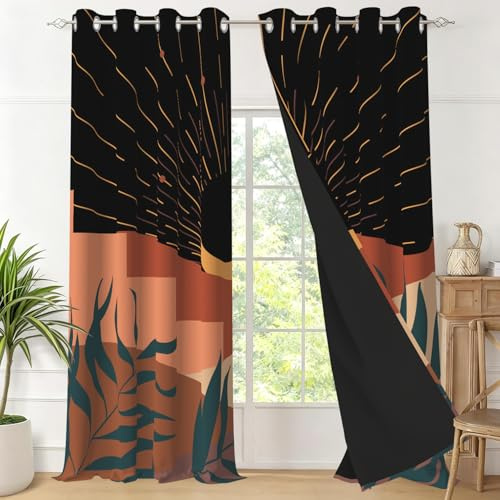 Uiiooazy Gardinen Abstrakte Landschaft, Vorhänge Mitte des Jahrhunderts Terracotta Schwarz Thermovorhang Blickdicht Polyester Verdunkelungsvorhänge mit Ösen für Schlafzimmer Wohnzimmer, 140x145cm