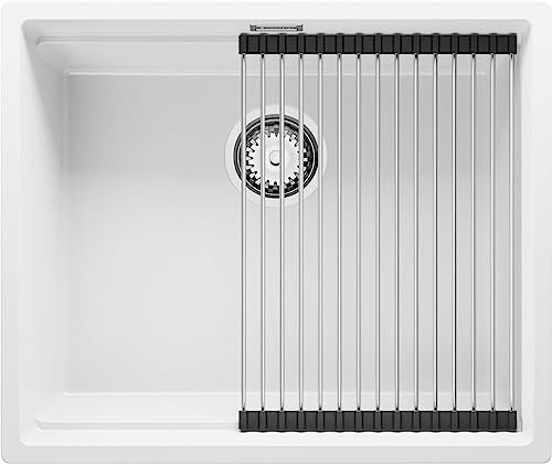 PRIMAGRAN Fregadero Cocina Blanco 56x47cm, Granito 1 Seno + Sifón + Enrollable Escurridor, Sobre encimera al mueble 60cm - Prague Slim