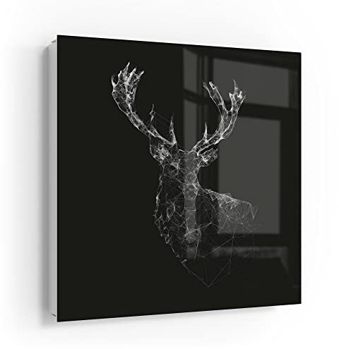 DEQORI Schlüsselkasten weiß | 30x30 cm | Motiv Digitalisierter Hirsch | Glas & Metall Schlüssel-Box | Schlüsselschrank mit 50 Haken + 2 Magnete | Moderne Design Box magnetisch & beschreibbar