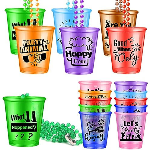 Col-Pary 24 Pieces Shot Glasses on Beaded Necklace Plastic Shot Necklace Cups Funny Shot Glass for Bachelorette Birthday Wedding Festival Parade Favor Party Supplies, (Multi Color-6 Styles)