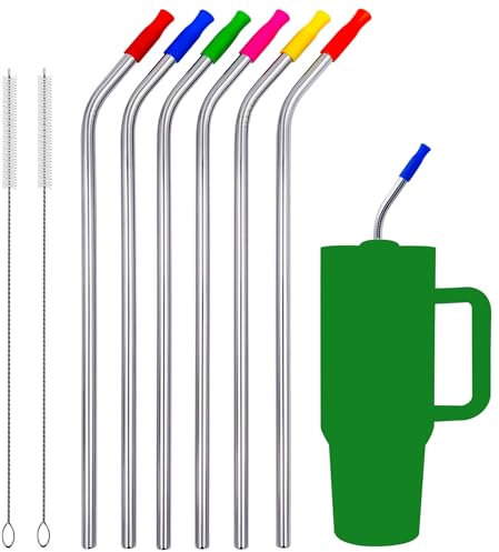 Wobye 6 Pack 13 Inch Extra Long 8mm Wide Reusable Bent Stainless Steel Metal Drinkging Straws for 32 oz 40 oz 64 oz Tumbler, with 2 Cleaning Brush & 6 Silicone Tips