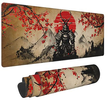 Japanese Cherry Blossom Samurai Cool Anime Red Sun Black Mouse Pad XL Extended Desk Mat, Non Slip Rubber Base Stitched Edge Gaming Pc Desktop Large Mice Pad,31.5 X 11.8 Inch