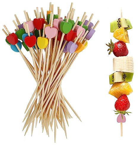 100 Pieces Coeur Coloré Bâtons Cocktail Pic Aperitif, Brochettes Cocktail Bois pour Pique Aperitif, Fingerfood, Snacks, Déco Cocktail - 12cm