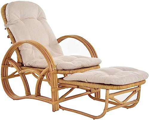 Krines Home Rattanliege Liegesessel klappbar mit Hocker Relax Liegestuhl mit Armlehne Liege Auflage (Honig)