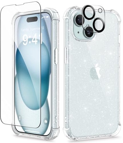 GVIEWIN Compatible with iPhone 15 Case 6.1 2023, with Screen Protectors+Camera Lens Protectors, Non-yellow Flower Clear TPU Slim Bumper Shockproof Anti-Scratch Protective Cover, Glitter
