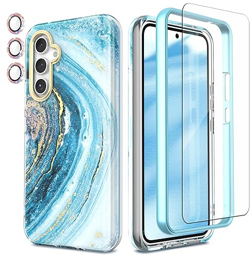 SHEDEER für Samsung A54 5G Hülle mit Glitzer Kameraschutz + Displayschutz, Samsung Galaxy A54 Hülle Anti-Vergilbung Schick Muster, TPU Stoßfest Kratzfest Handyhülle für A54 5G 6,4'', Sternenblau