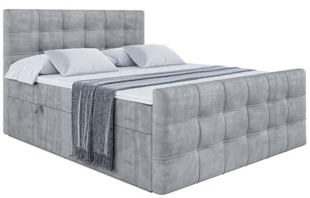 ALTDECOR Boxspringbett mit H3-Matratze (20 cm hoch) mit Bonellfederung + PUR, Topper (4 cm hoch), Polsterbett mit Kopfteil und Bettkasten - SOLARIO - 180x200 - Grau Samt