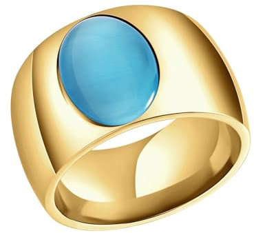 Mesnt Verlobungsring Damen, Edelstahl 15MM breiter Ring mit ovalem Stein für Frauen Gold Blau, Größe 60 (19.1)