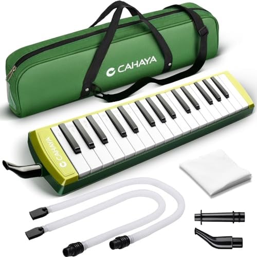 CAHAYA Melodica Music Instrument 32 Key Portable Pianica Green | Piano Style Air Keyboard with Double Flexible Long Pipe, Short Mouthpiece and Carrying Bag for School Students Beginners