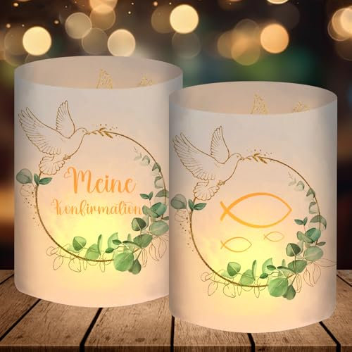 12 Windlicht Tischdeko Konfirmation, Konfirmation Deko Junge Mädchen, Meine Konfirmation Deko Eukalyptus Grün, Konfirmation Gastgeschenke, Geeignet für Teelichter oder Kerzen