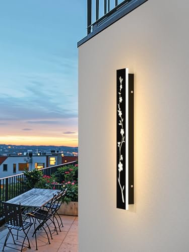 Led Lange Wandleuchte Schwarz 60cm Außenwandleuchte 20W IP67 Wasserdicht Villa Wandlampe 3000K Pfirsichblüten Design Lang Wandleuchten Außenwände Gärten Porch Treppe Terrassen Beleuchtung
