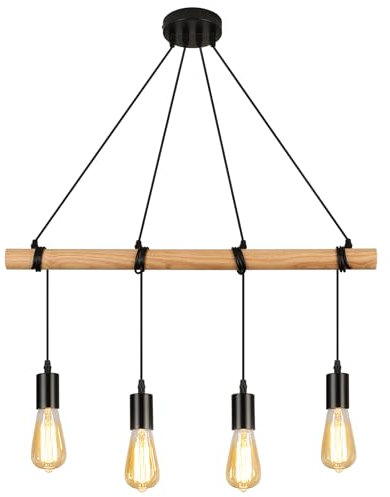 FORCOSO 4 Flammig Hängelampe Holz - Vintage Pendelleuchte Holz Rustikal E27 Industrial Decken Hängeleuchte Schwarz für Esstisch Wohnzimmer Schlafzimmer Küche - Ohne Glühbirne