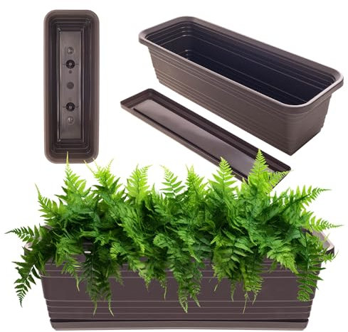 KADAX Jardinière avec soucoupe, avec ou sans supports de jardinière, pot de balcon en plastique, bac à plantes, jardinière de balustrade, pot de fleurs (moka, 50 cm), K10003