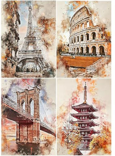 SHEGZHUC 4 Pack Diamond Painting Berühmte Landschaft 30x40cm Diamond Painting Eiffelturm Paris Brooklyn Brücke Kolosseum Pagode Diamant Malerei Kunst Stickerei Kreuzstich Bilder Geschenk Wand Dekor