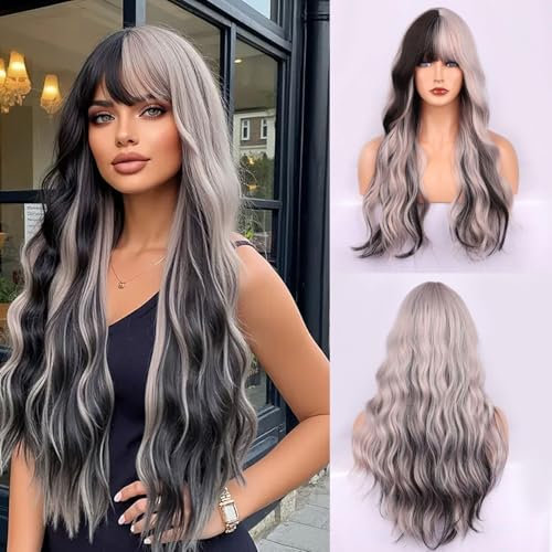 Fulang Hair perücke silbergrau lang, Lange Lockige Hitzebeständige Faser Synthetische Perücke, peruka damen natürlich haare für den täglichen