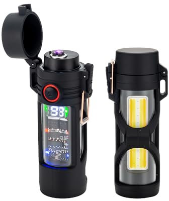 KALIMO Encendedor de arco de plasma impermeable resistente al viento con linterna LED, encendedor eléctrico USB recargable 2 en 1 y linterna táctica, sin llama, portátil para camping, senderismo y al